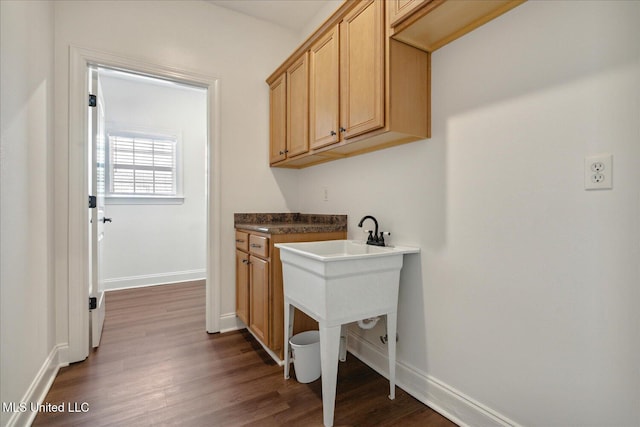 clothes washing area featuring dark wood-type flooring