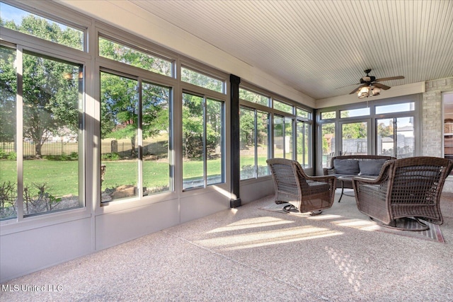 sunroom / solarium featuring plenty of natural light and ceiling fan