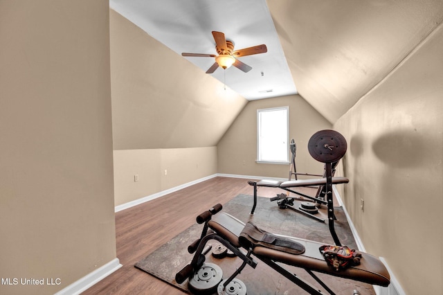 8968 Tahoe Cv, Olive Branch, MS 38654 - exercise room featuring ceiling fan, lofted ceiling, and wood finished floors