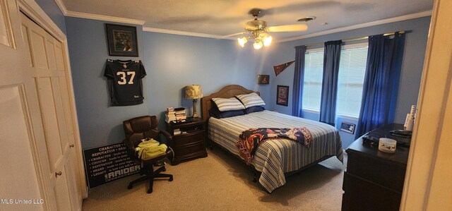 32 Raintree Pl, Jackson, MS 39211 - bedroom featuring light colored carpet, visible vents, ceiling fan, and ornamental molding