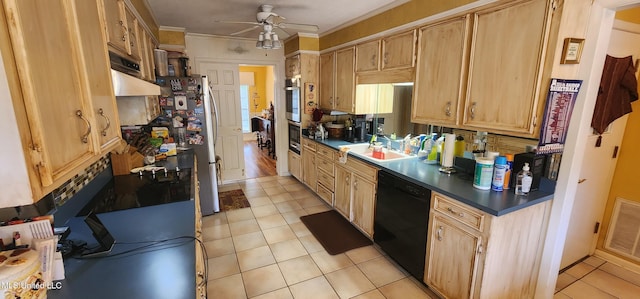 32 Raintree Pl, Jackson, MS 39211 - kitchen with visible vents, dark countertops, black dishwasher, a ceiling fan, and a sink