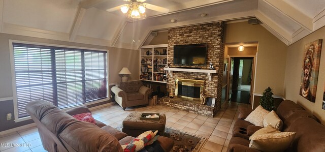 32 Raintree Pl, Jackson, MS 39211 - living area featuring lofted ceiling with beams, built in shelves, tile patterned floors, ceiling fan, and a brick fireplace