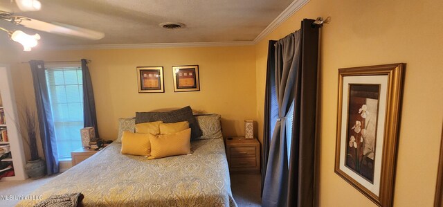32 Raintree Pl, Jackson, MS 39211 - bedroom with visible vents, crown molding, carpet floors, and a ceiling fan