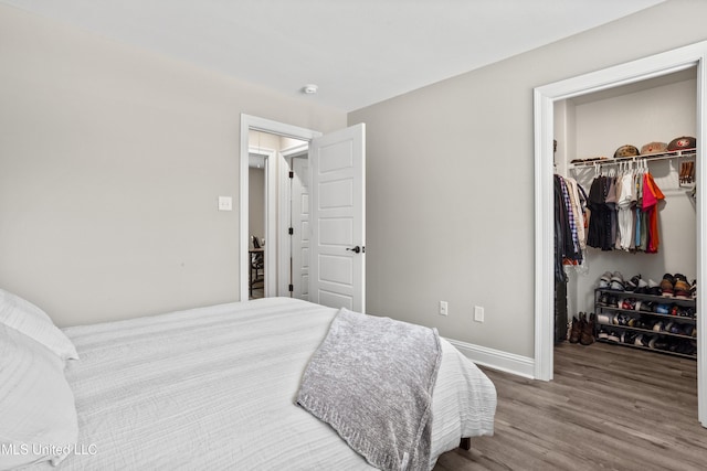 bedroom with a walk in closet, wood-type flooring, and a closet