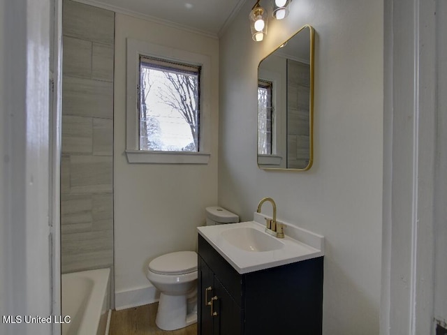 bathroom featuring toilet, a bathing tub, walk in shower, crown molding, and vanity