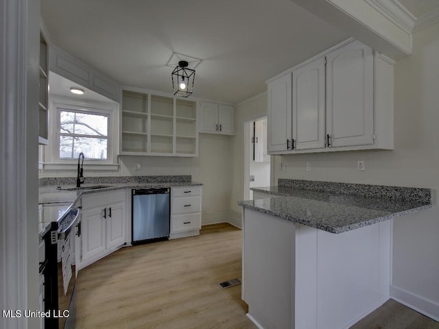 kitchen with a peninsula, a sink, visible vents, stainless steel dishwasher, and open shelves