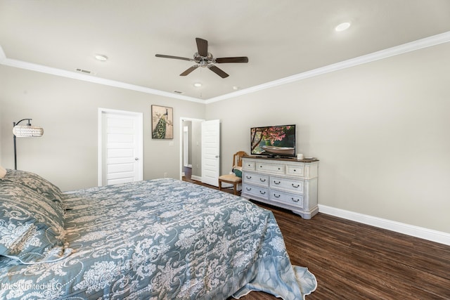 bedroom with ceiling fan, crown molding, and dark hardwood / wood-style floors