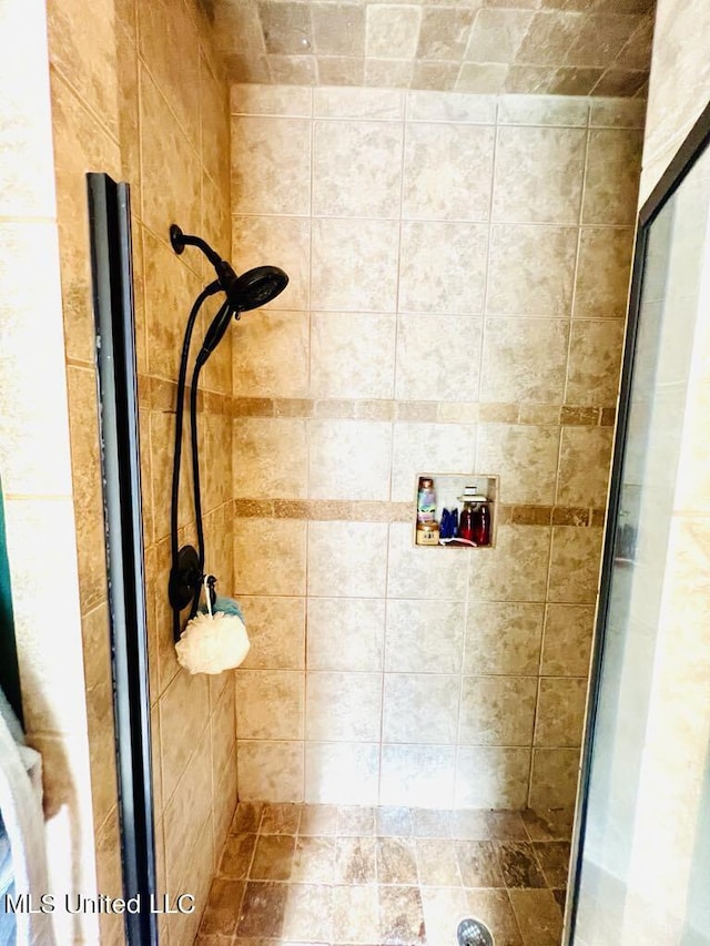 bathroom with a shower with shower door