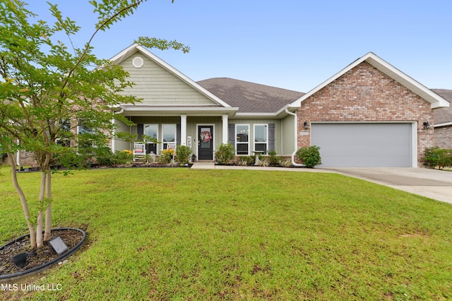 craftsman-style house featuring an attached garage, brick siding, concrete driveway, a front yard, and board and batten siding