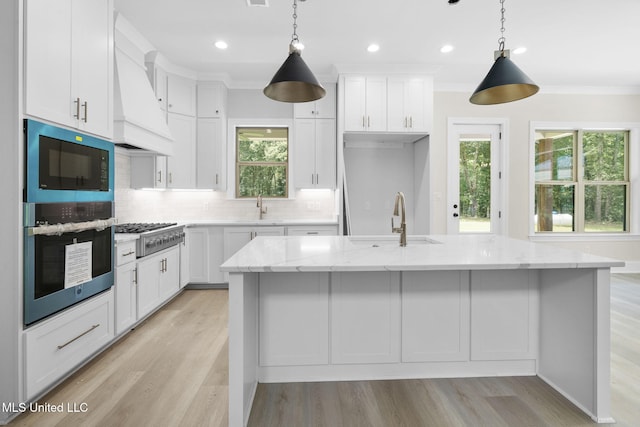 563 Valentine Rd, Holly Springs, MS 38635 - kitchen featuring appliances with stainless steel finishes, custom range hood, white cabinetry, light wood-style flooring, and ornamental molding