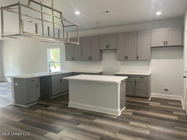 kitchen featuring gray cabinets, dark hardwood / wood-style floors, sink, and a kitchen island