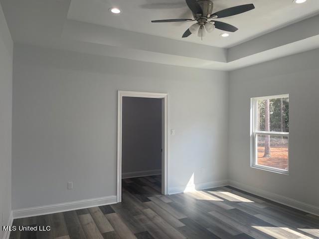 spare room featuring dark hardwood / wood-style floors, a tray ceiling, and ceiling fan