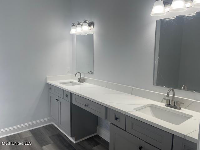 bathroom with vanity and hardwood / wood-style floors