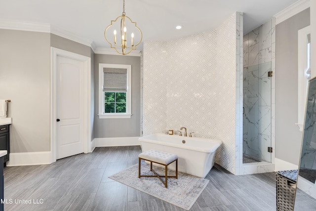bathroom with a marble finish shower, a chandelier, a soaking tub, baseboards, and crown molding