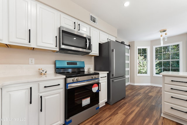 kitchen with dark hardwood / wood-style floors, stainless steel appliances, a barn door, pendant lighting, and white cabinets