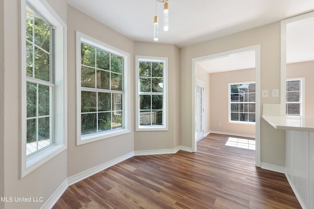 unfurnished dining area with dark wood-type flooring