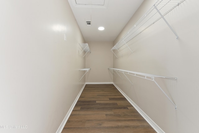 walk in closet with dark wood-type flooring