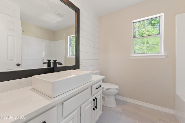 bathroom featuring vanity, tile patterned floors, toilet, and wood walls