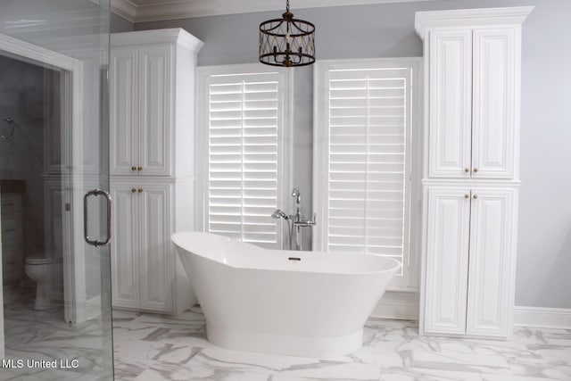 bathroom with independent shower and bath, a chandelier, and toilet