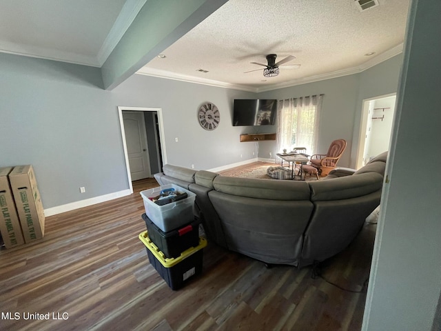 living room featuring ceiling fan, wood-type flooring, beam ceiling, and a textured ceiling