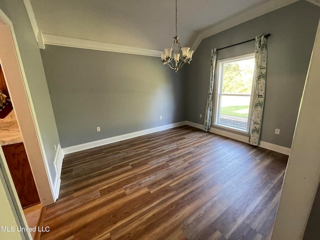 unfurnished dining area with crown molding, lofted ceiling, dark wood-type flooring, and an inviting chandelier