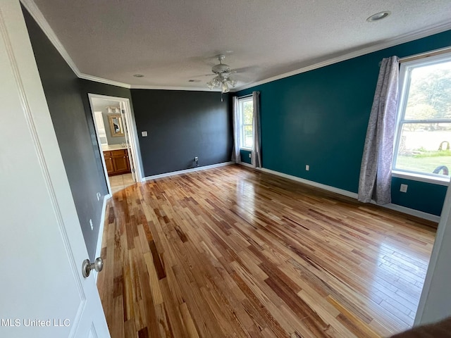 spare room with crown molding, ceiling fan, a textured ceiling, and light wood-type flooring