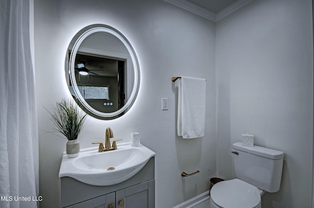 311 Danbar St, Brandon, MS 39042 - bathroom with vanity, toilet, ornamental molding, a ceiling fan, and baseboards