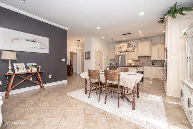 3927 Acadian Village Dr, Ocean Springs, MS 39564 - dining area with crown molding, a chandelier, light tile patterned floors, and recessed lighting
