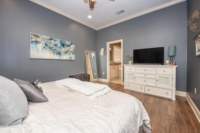 3927 Acadian Village Dr, Ocean Springs, MS 39564 - bedroom with wood finished floors, ornamental molding, ensuite bath, recessed lighting, and a ceiling fan
