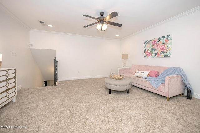 3927 Acadian Village Dr, Ocean Springs, MS 39564 - carpeted living room featuring crown molding, a ceiling fan, and recessed lighting
