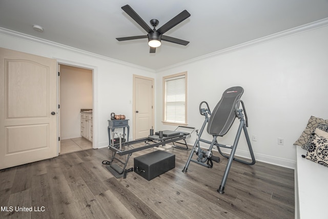 3927 Acadian Village Dr, Ocean Springs, MS 39564 - workout area featuring ceiling fan, wood finished floors, and ornamental molding