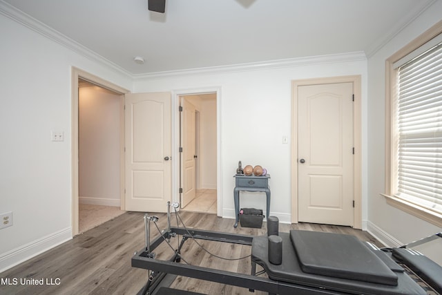 3927 Acadian Village Dr, Ocean Springs, MS 39564 - exercise room featuring ornamental molding and wood finished floors