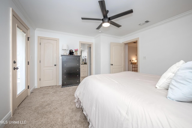 3927 Acadian Village Dr, Ocean Springs, MS 39564 - bedroom with ornamental molding, light carpet, and ceiling fan