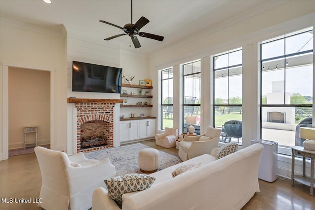 110 Crossview Pl, Brandon, MS 39047 - living area featuring a ceiling fan, a brick fireplace, and crown molding
