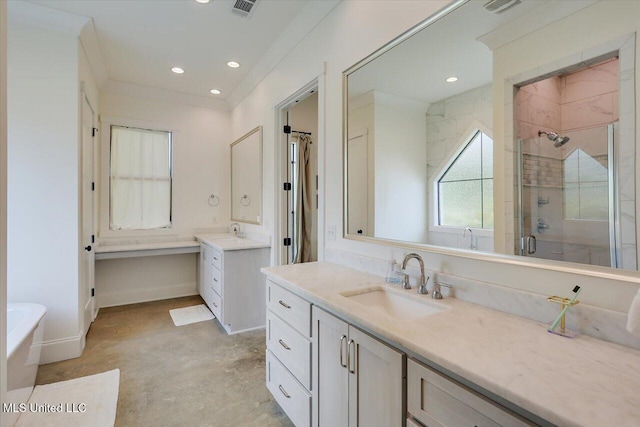 110 Crossview Pl, Brandon, MS 39047 - full bathroom with a shower stall, two vanities, concrete flooring, recessed lighting, and a tub to relax in
