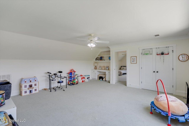 110 Crossview Pl, Brandon, MS 39047 - recreation room featuring carpet, a ceiling fan, and lofted ceiling