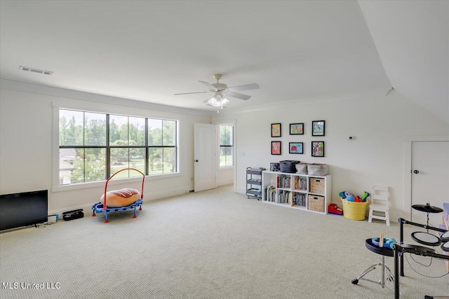 110 Crossview Pl, Brandon, MS 39047 - rec room featuring carpet, a ceiling fan, and ornamental molding