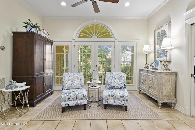29 Avery Cir, Jackson, MS 39211 - living area with french doors, light tile patterned floors, ceiling fan, crown molding, and recessed lighting