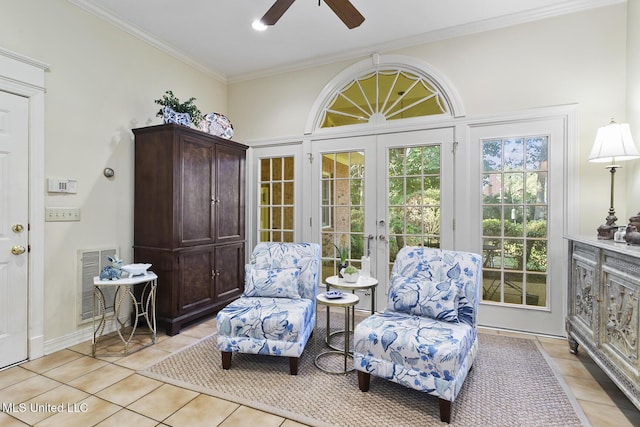 29 Avery Cir, Jackson, MS 39211 - sitting room featuring a ceiling fan, french doors, ornamental molding, and light tile patterned floors