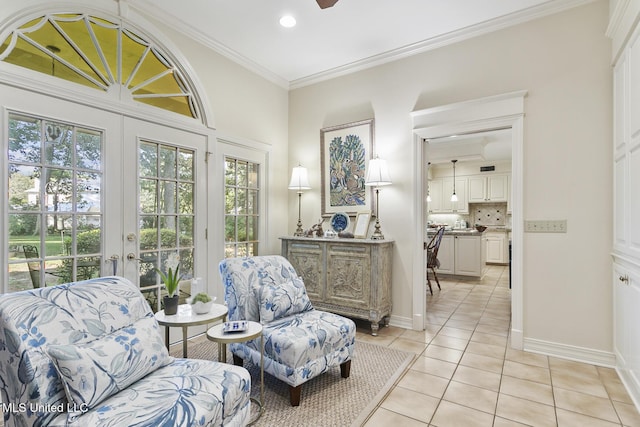 29 Avery Cir, Jackson, MS 39211 - sitting room featuring light tile patterned floors, french doors, ornamental molding, recessed lighting, and ceiling fan
