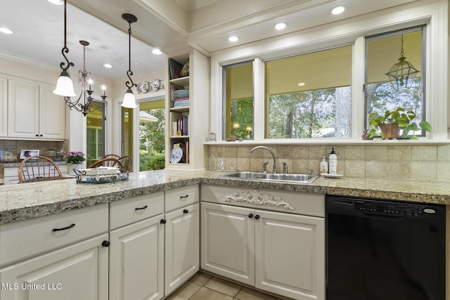 29 Avery Cir, Jackson, MS 39211 - kitchen featuring black dishwasher, ornamental molding, a chandelier, decorative backsplash, and light countertops