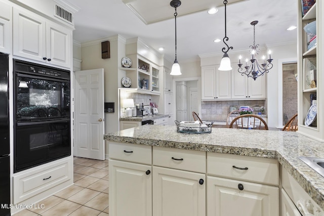 29 Avery Cir, Jackson, MS 39211 - kitchen with open shelves, black appliances, light tile patterned floors, crown molding, and decorative backsplash