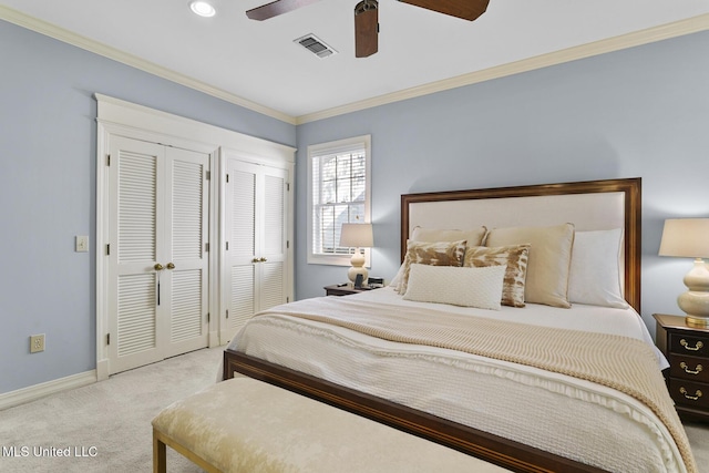 29 Avery Cir, Jackson, MS 39211 - bedroom with carpet floors, two closets, crown molding, and a ceiling fan