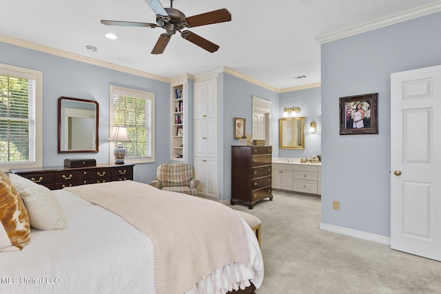 29 Avery Cir, Jackson, MS 39211 - bedroom with light carpet, crown molding, multiple windows, ensuite bath, and a ceiling fan