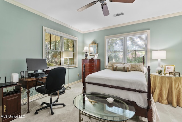 29 Avery Cir, Jackson, MS 39211 - bedroom featuring light carpet, ornamental molding, multiple windows, a desk, and a ceiling fan