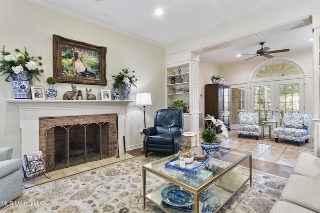 29 Avery Cir, Jackson, MS 39211 - living area featuring ornamental molding, a brick fireplace, ceiling fan, recessed lighting, and tile patterned floors