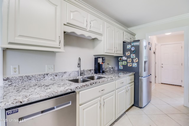 2901 Village Cir, Ocean Springs, MS 39564 - kitchen with stainless steel appliances, light tile patterned floors, crown molding, white cabinetry, and light stone countertops