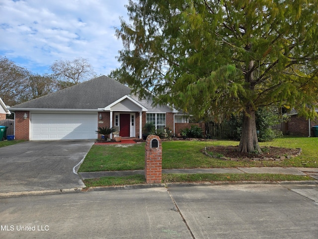 view of front of property featuring a garage and a front lawn