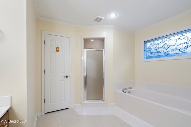 bathroom with separate shower and tub, crown molding, tile patterned flooring, and vanity