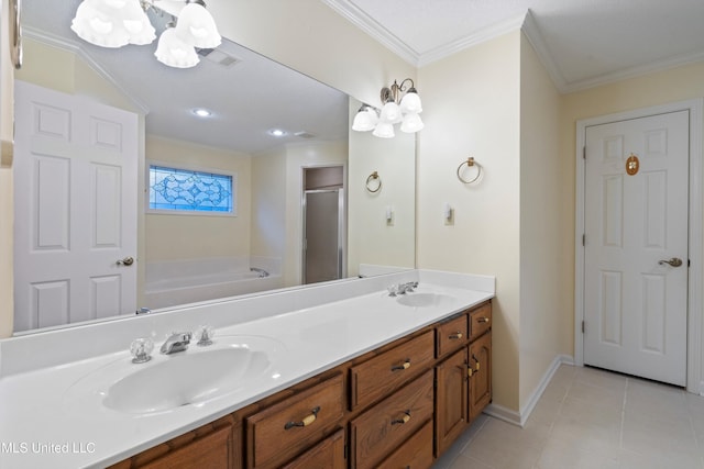 bathroom featuring tile patterned floors, an inviting chandelier, and ornamental molding